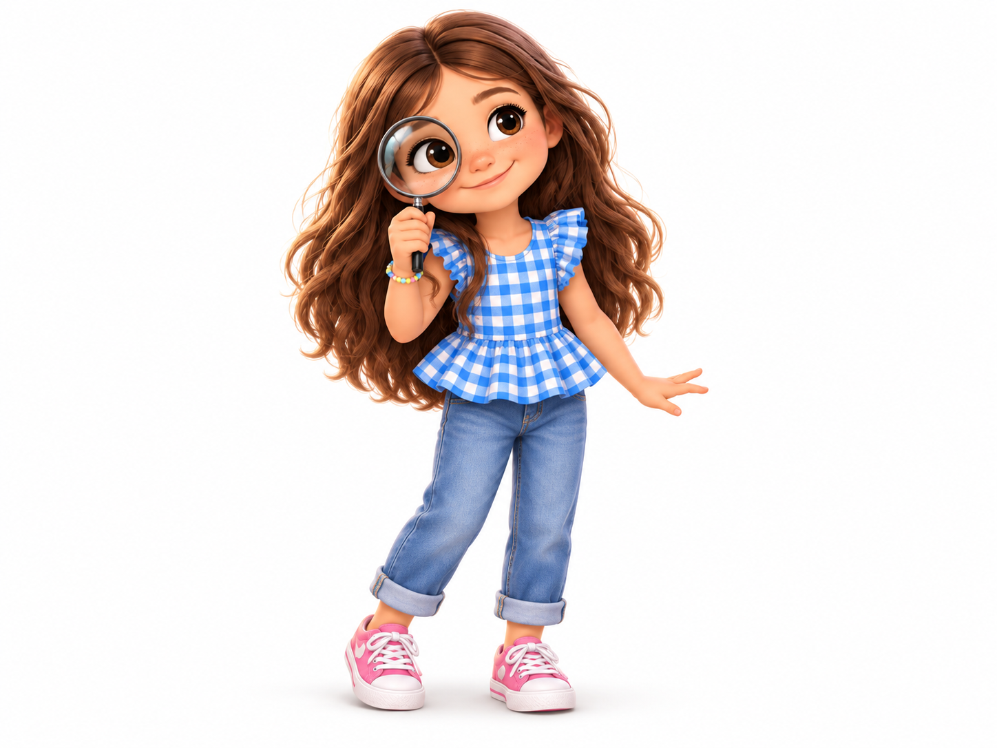 Mimi, curious and kind, wearing her blue gingham top and bracelet