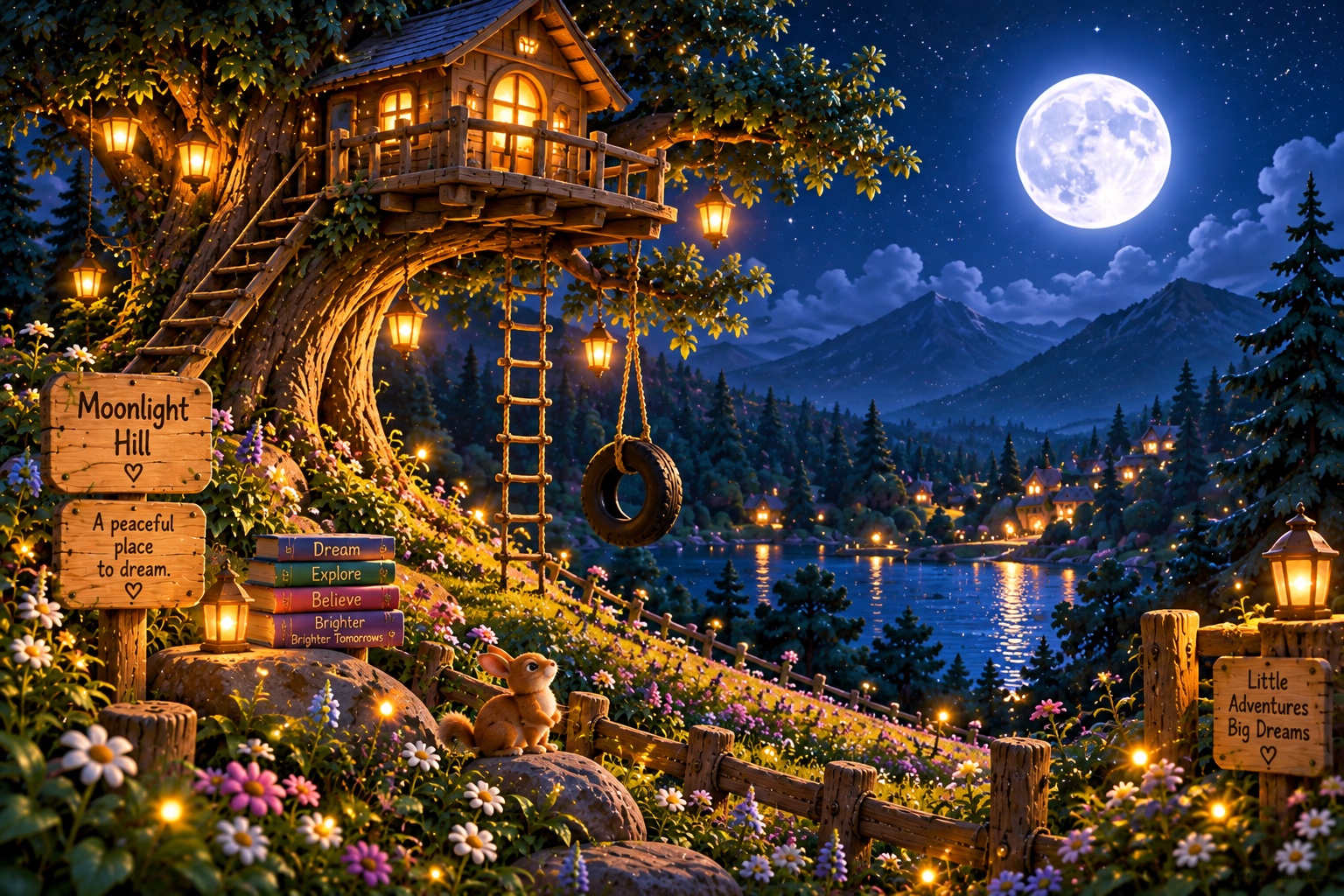 Moonlight Hill, with a glowing treehouse beneath a full moon