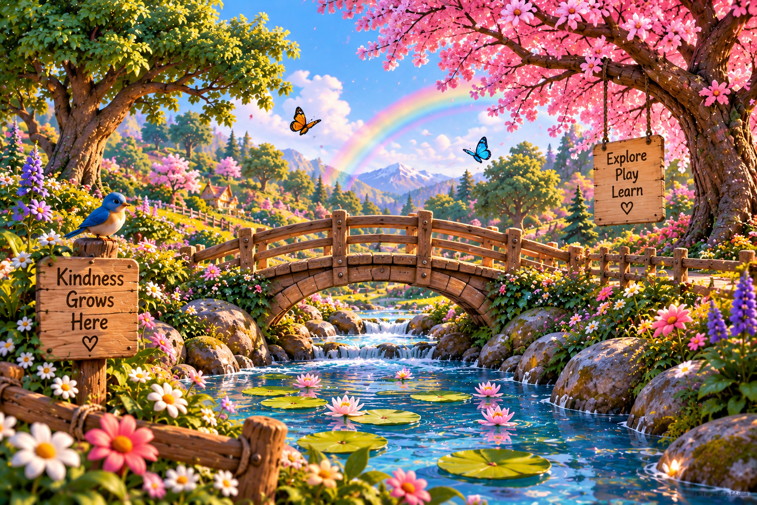 Rainbow Garden, with butterflies, flowers and a rainbow