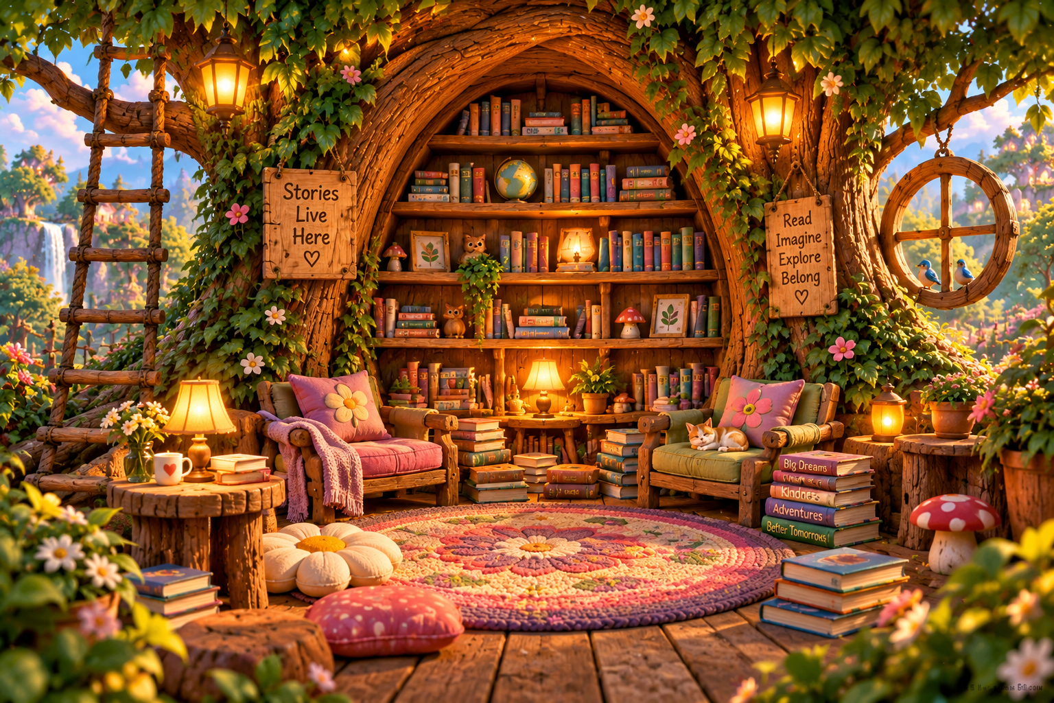 The Story Tree’s inviting library inside a giant tree
